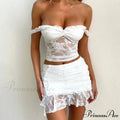 Ivory Flowery Lace 2 Piece Set Seductive Open-Back Tie Up Camis + Mini Skirt Wrap Body-Hugging Women Retro Off-The-Shoulder Crop Top Outfits
