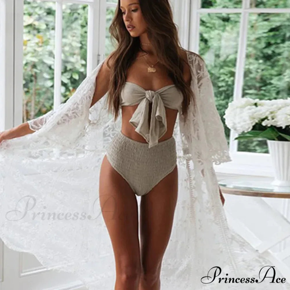 Ivory Lace Cardigan Hippie Swimsuit Cover Up Transparent