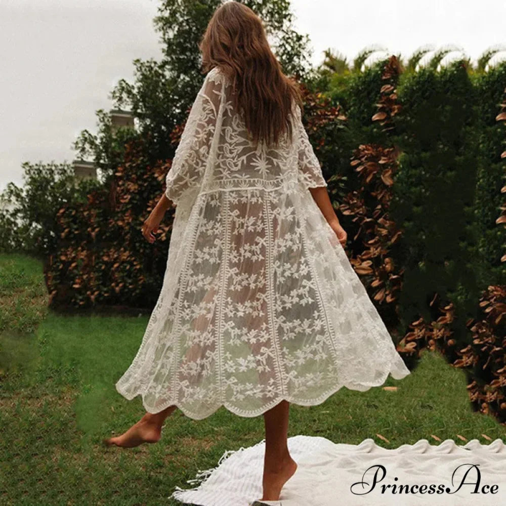 Ivory Lace Cardigan Hippie Swimsuit Cover Up Transparent