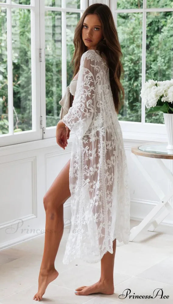 Ivory Lace Cardigan Hippie Swimsuit Cover Up Transparent