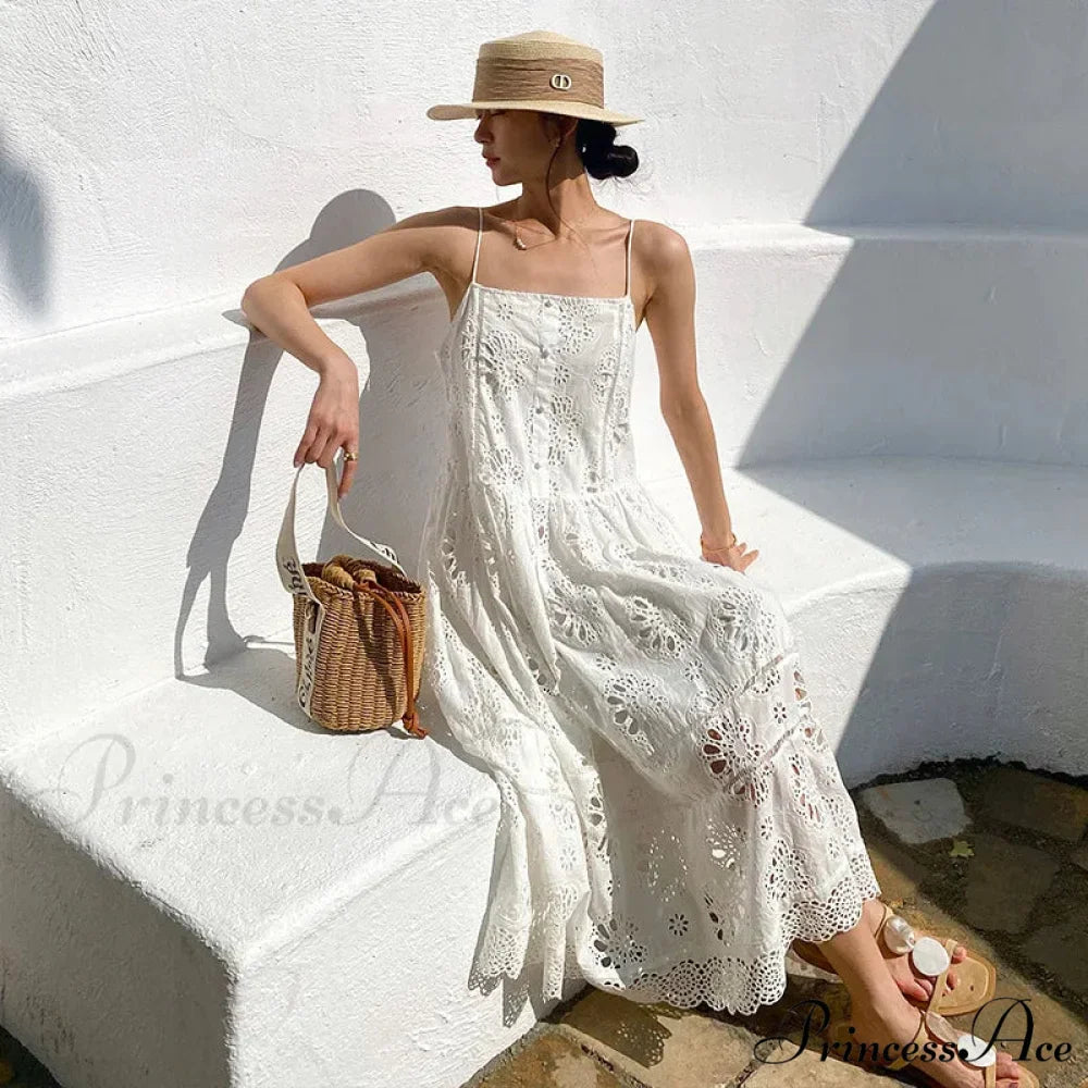 Ivory Lace Dress Cotton Floral Embroidery Strap Sleeveless Women Summer Dress