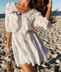 Ivory Lace Embroidery Hollow Out V-neck Holiday Mini Boho Dress