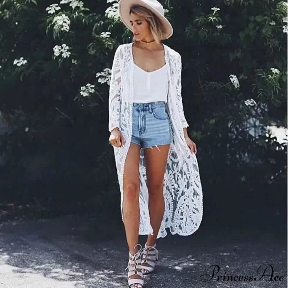 Ivory Lace Kimono Hippie Swimsuit Cover up
