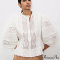 Ivory Lace Puff Sleeve Cotton Floral Embroidery Bohemian Top
