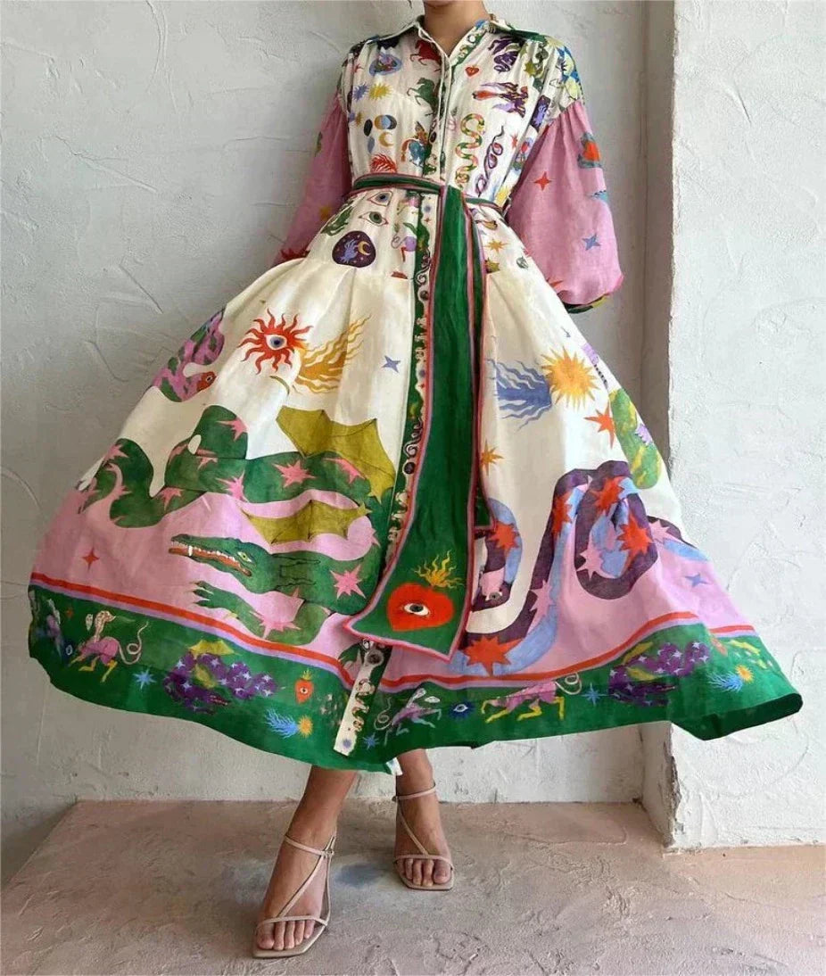 Floral Print Balloon Sleeve Belted Shirt Maxi Dress