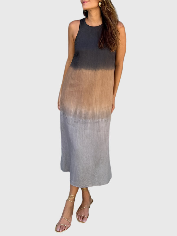 Ombre Dip Dye Sleeveless Scoop Neck Relaxed Linen Midi Dress