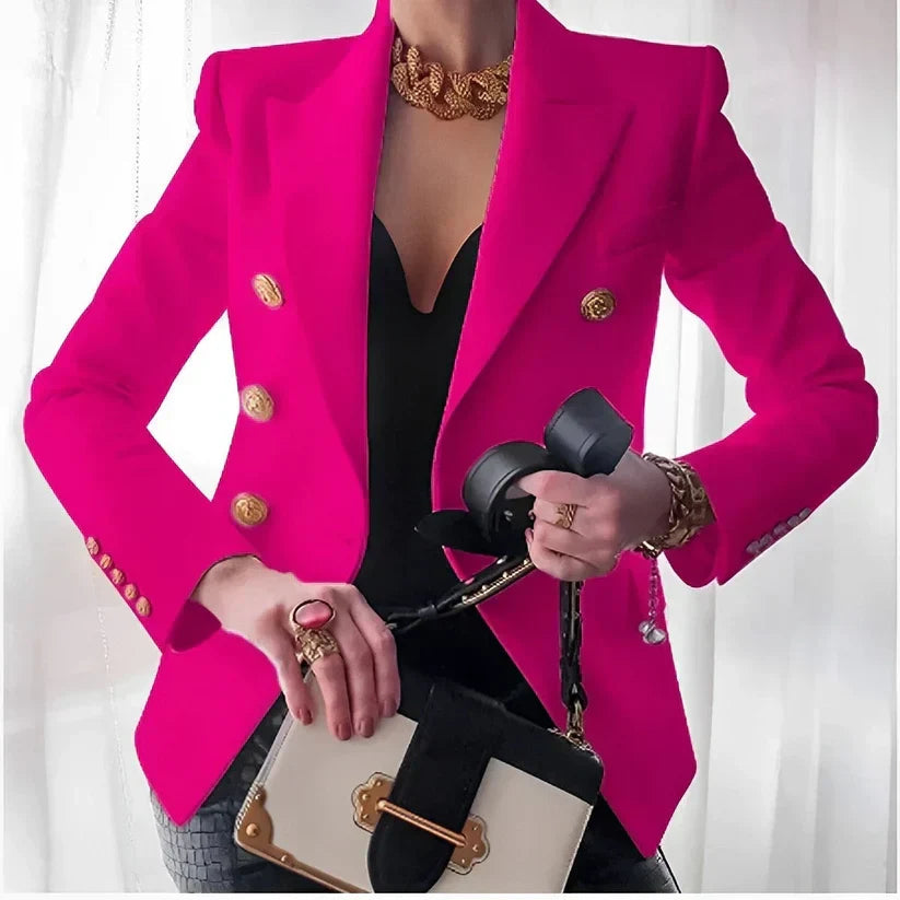Gold Coin Button Double Breasted Peak Lapel Slim Fit Blazer