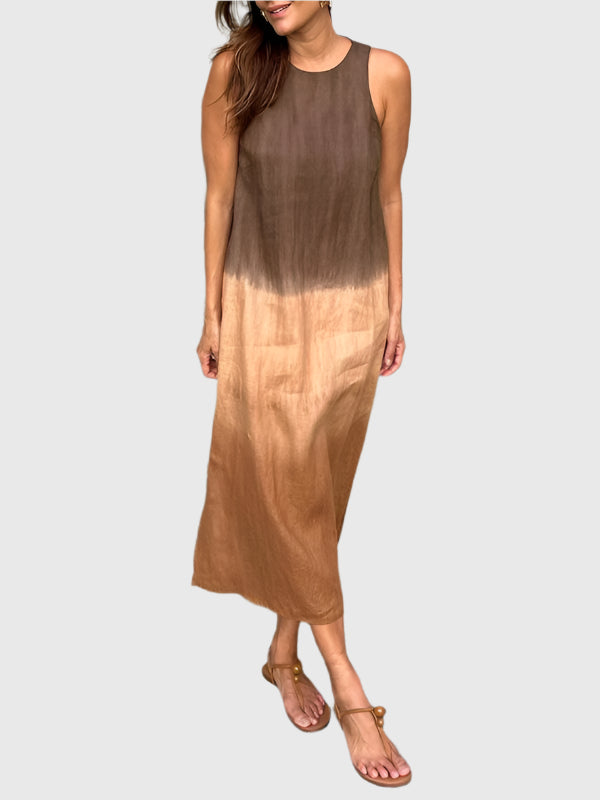 Ombre Dip Dye Sleeveless Scoop Neck Relaxed Linen Midi Dress