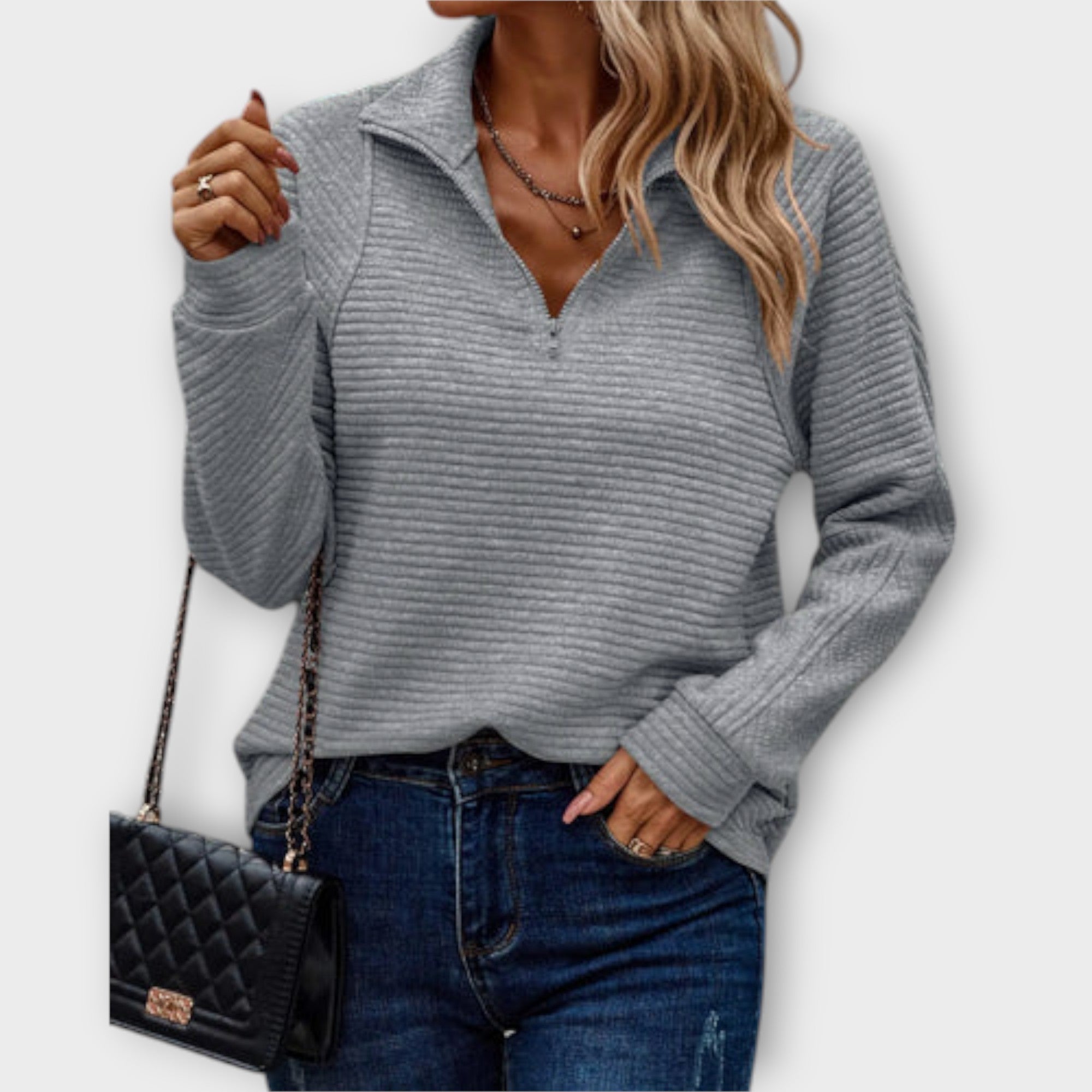 Chrystah | Women's Ribbed Quarter-Zip Collared Sweater
