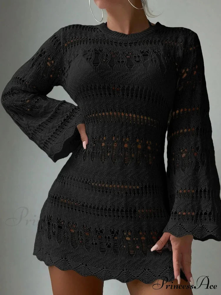 Knitted Empty Out Seductive Backless Beach Mini Boho Dress Cover-up