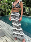 Knitted Frills Backless Tie-up Tank Crop Top with Elastic Waist Skirt Set