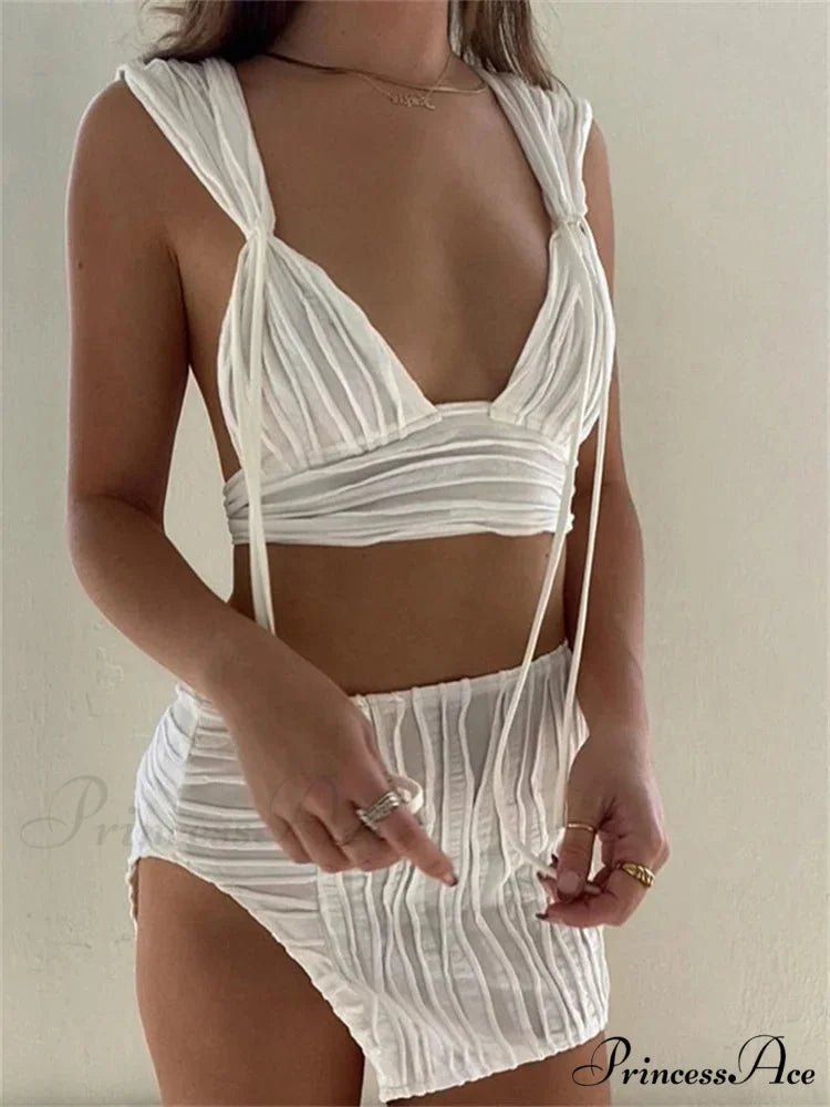 Knitted Profound Plunge-neck Tank Crop Top Tall Waist Split Mini Skirt Set