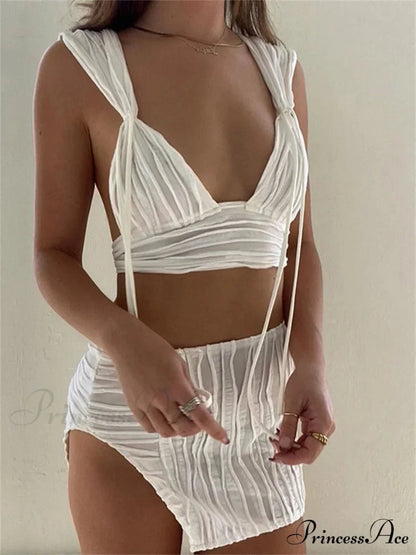 Knitted Profound Plunge-neck Tank Crop Top Tall Waist Split Mini Skirt Set