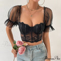 Korean Net Transparent Puff Sleeve Lace Crop Top