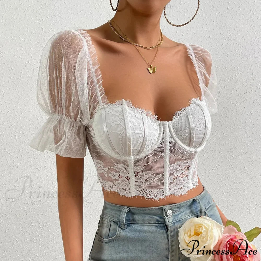 Korean Net Transparent Puff Sleeve Lace Crop Top