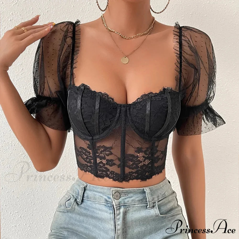 Korean Net Transparent Puff Sleeve Lace Crop Top