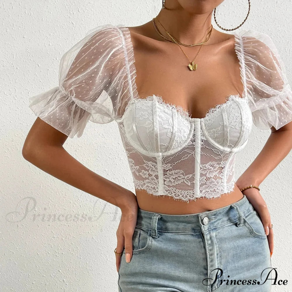 Korean Net Transparent Puff Sleeve Lace Crop Top