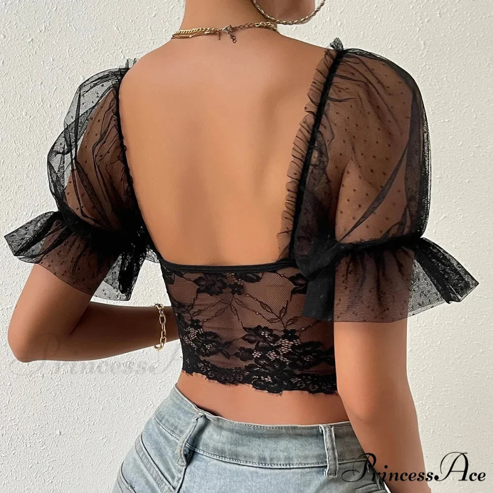 Korean Net Transparent Puff Sleeve Lace Crop Top