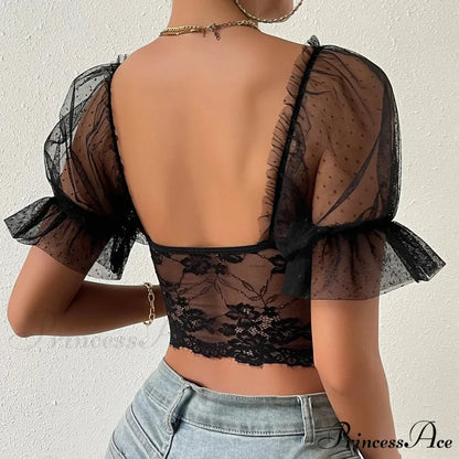Korean Net Transparent Puff Sleeve Lace Crop Top