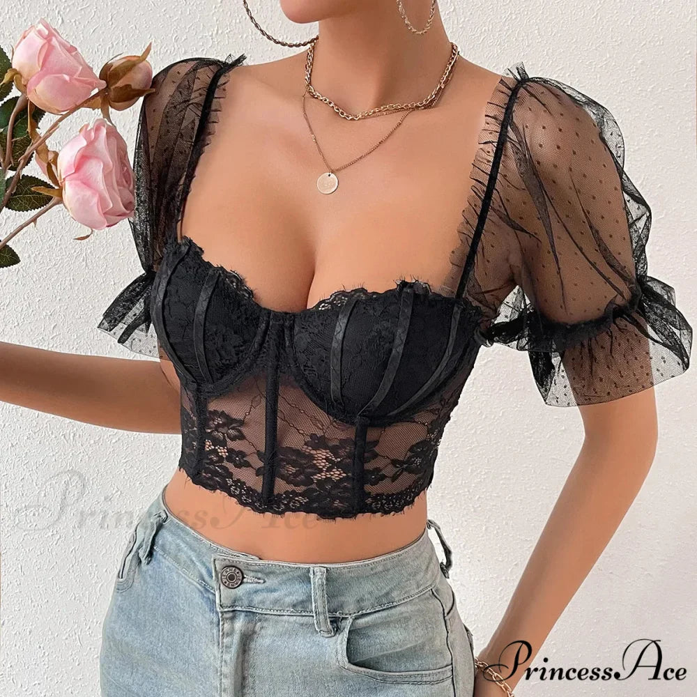 Korean Net Transparent Puff Sleeve Lace Crop Top