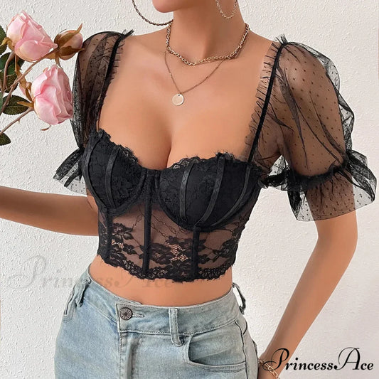 Korean Net Transparent Puff Sleeve Lace Crop Top