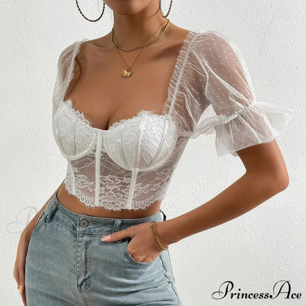 Korean Net Transparent Puff Sleeve Lace Crop Top