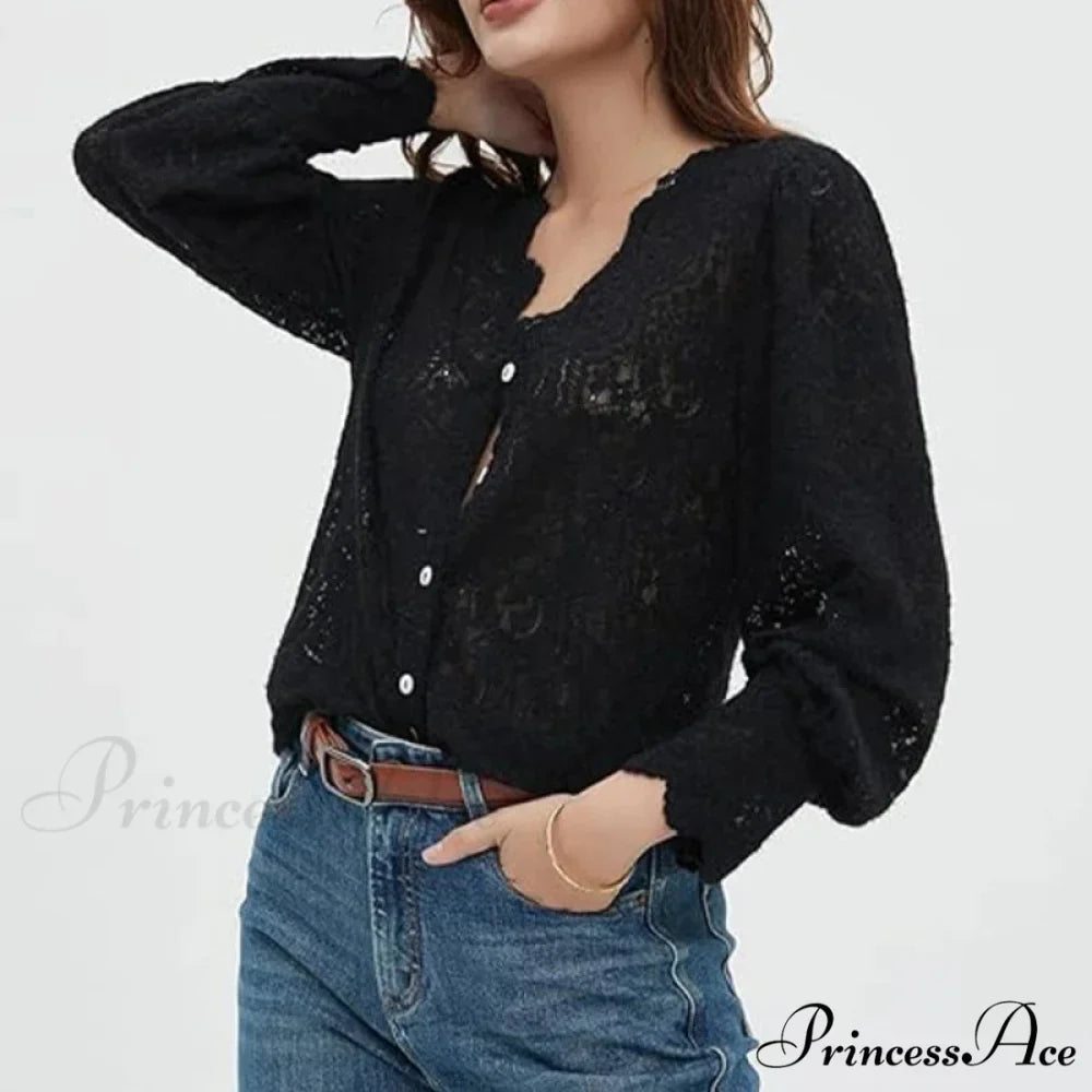 Lace Deep-Neck Floral Classic Long Sleeve Boho Blouse