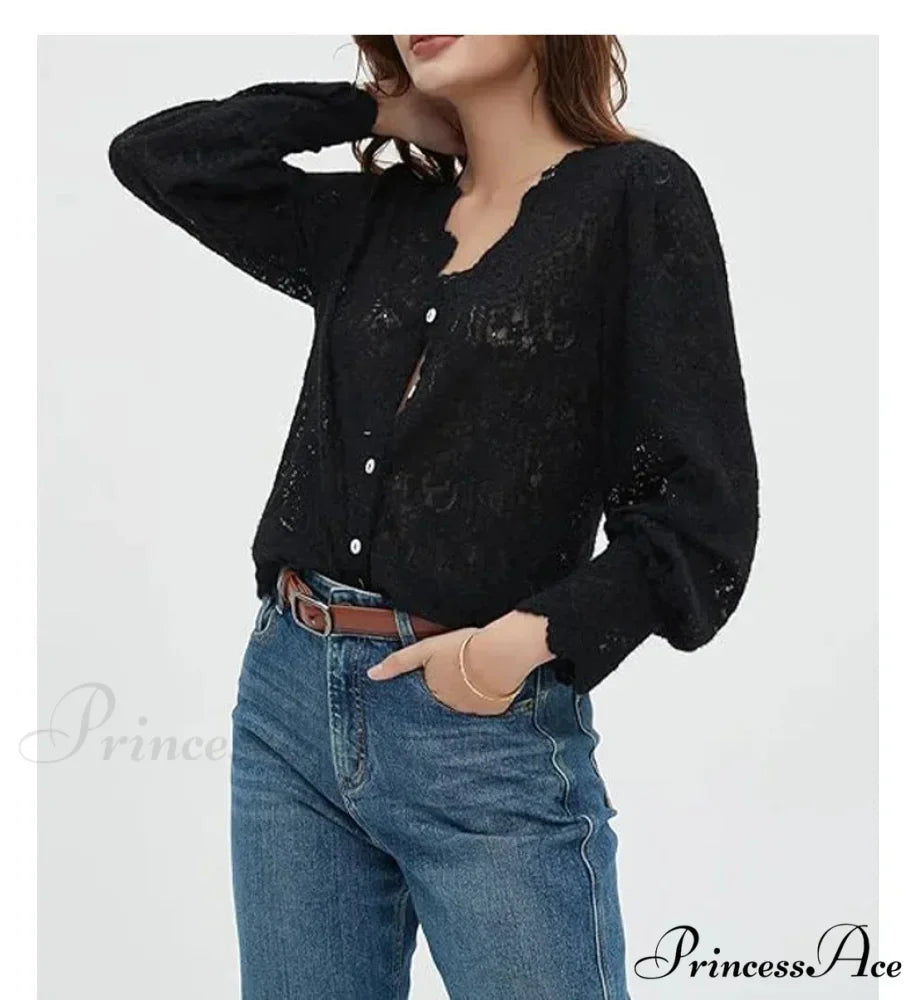 Lace Deep-Neck Floral Classic Long Sleeve Boho Blouse