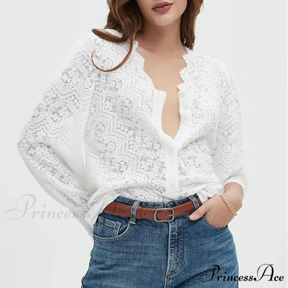 Lace Deep-Neck Floral Classic Long Sleeve Boho Blouse