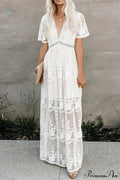 Lace Embroidery Patchwork Long Sleeve White Boho Dress