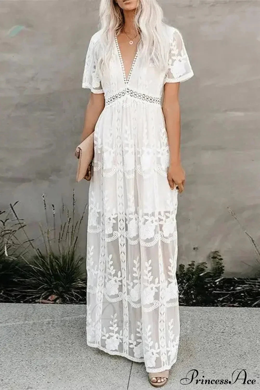 Lace Embroidery Patchwork Long Sleeve White Boho Dress