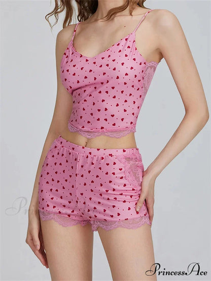 Lace Patchwork Heart Print Camis Crop Top with Informal Shorts Pajama Set