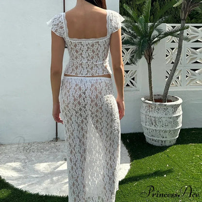 Lacy Flower Sheer Short Sleeve Crop Top Long Skirt Two Pieces Set