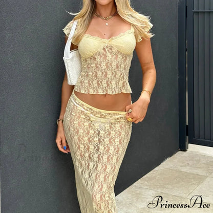 Lacy Flower Sheer Short Sleeve Crop Top Long Skirt Two Pieces Set