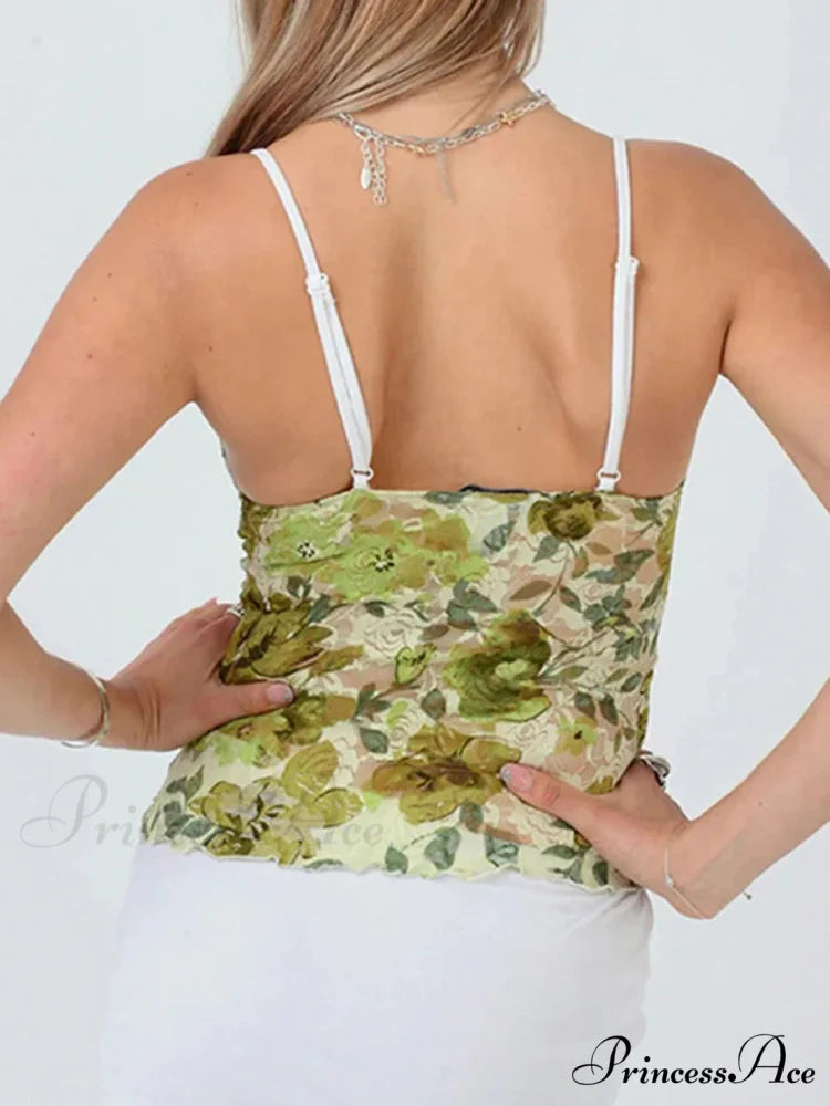 Lacy Flowery Transparent Spaghetti Strap V-neck Harajuku Crop Top