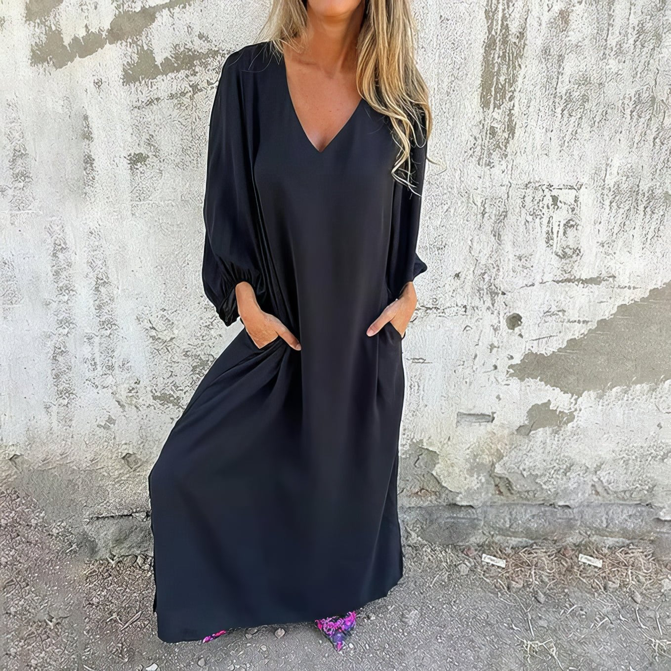 Puff Sleeve V Neck Side Split Relaxed Flowy Maxi Dress