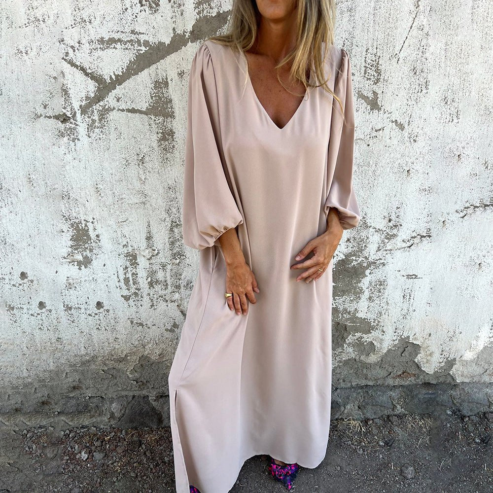 Puff Sleeve V Neck Side Split Relaxed Flowy Maxi Dress