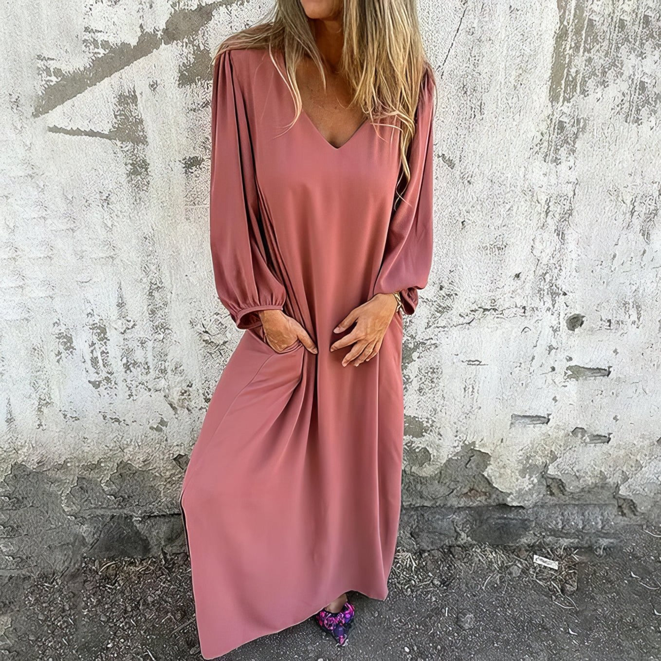 Puff Sleeve V Neck Side Split Relaxed Flowy Maxi Dress