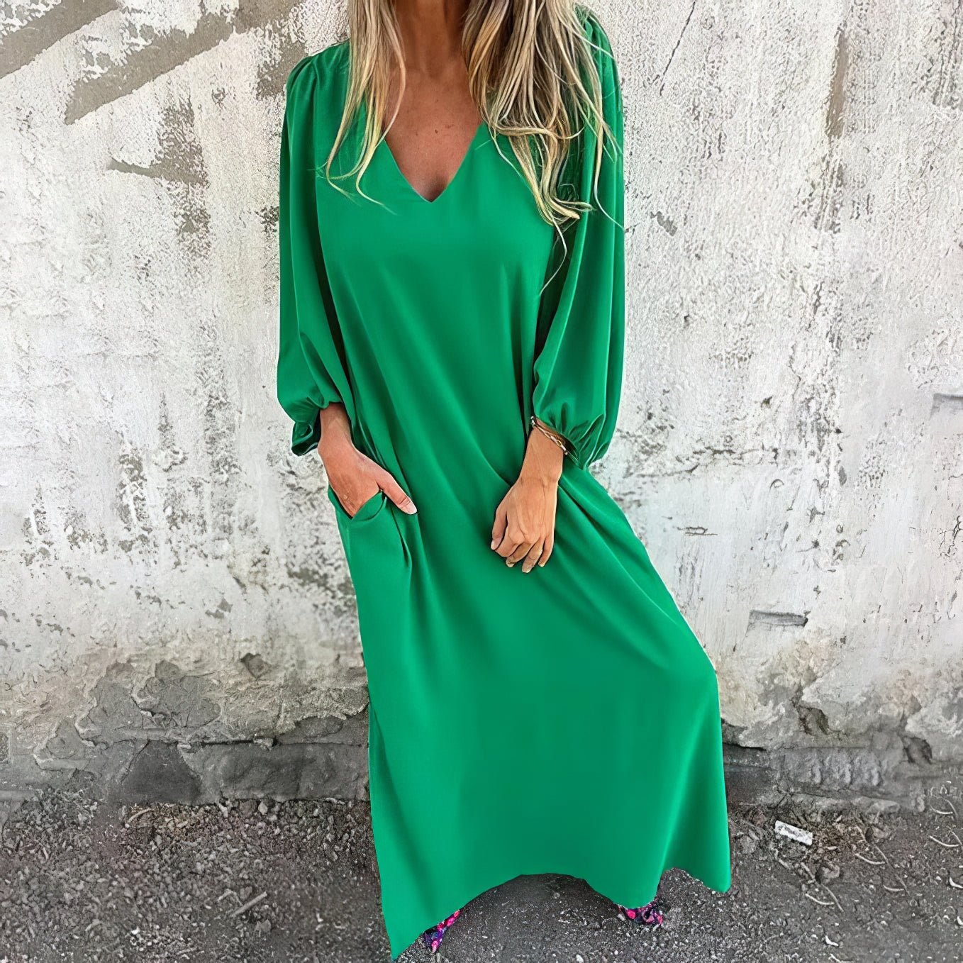 Puff Sleeve V Neck Side Split Relaxed Flowy Maxi Dress