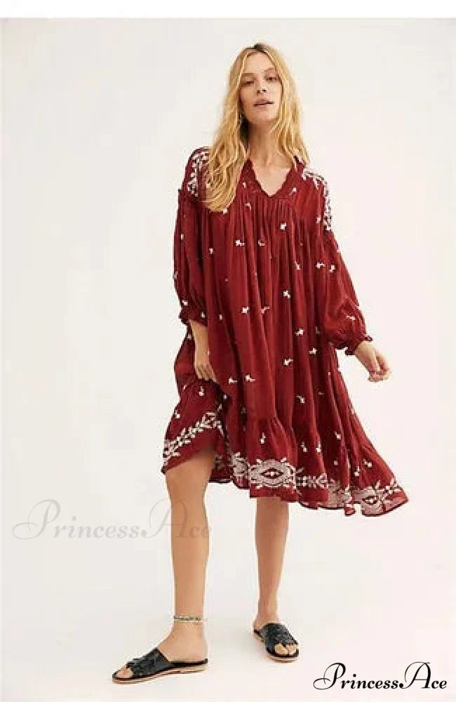Lantern Extended Sleeve Cotton Rayon Embroidered Dress
