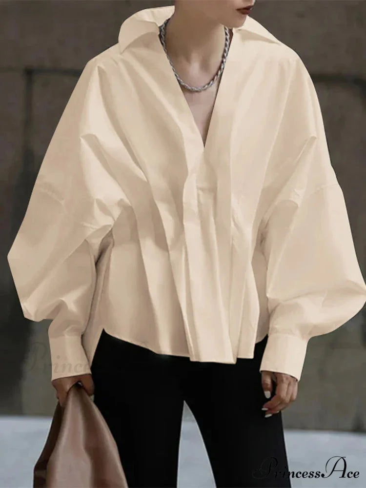 Lantern Extended Sleeve Pleated Fold-over Collar Blouse
