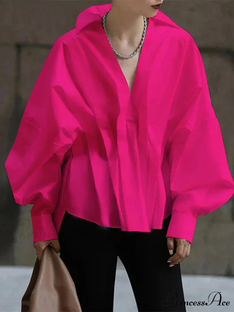 Lantern Extended Sleeve Pleated Fold-over Collar Blouse