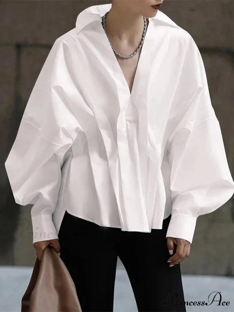 Lantern Extended Sleeve Pleated Fold-over Collar Blouse