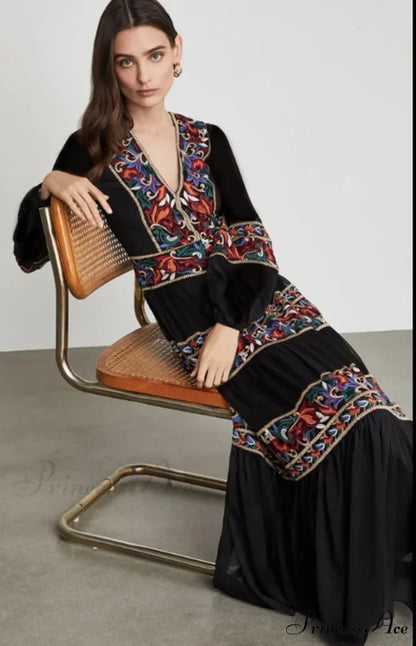 Lantern Extended Sleeve V-neck Full-Length Dress