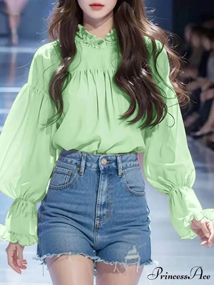 Lantern Sleeve Solid Stand Collar Blouse

Modified Title: Lantern Sleeve Monochrome High Neck Blouse