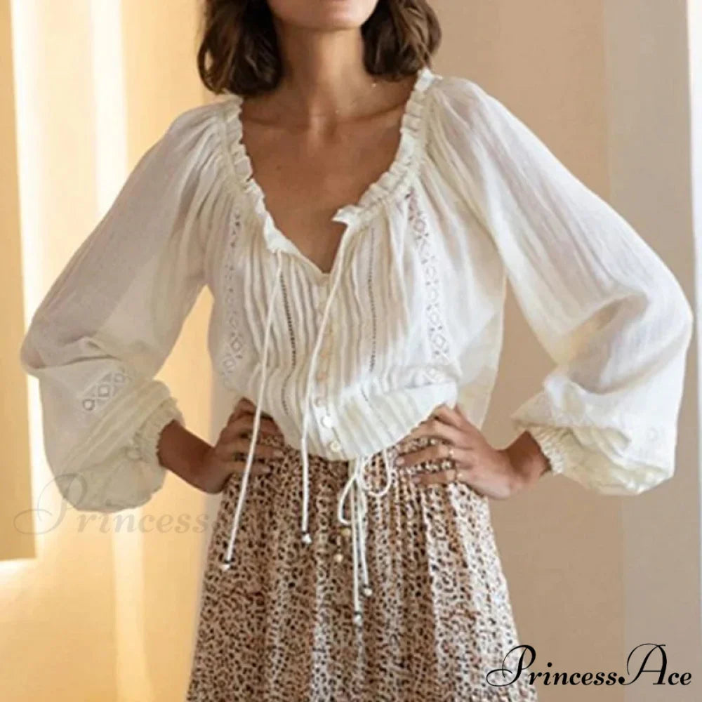 Lantern Sleeve V-Neck Lace Retro Cotton Boho Top