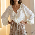 Lantern Sleeve V-Neck Lace Retro Cotton Boho Top
