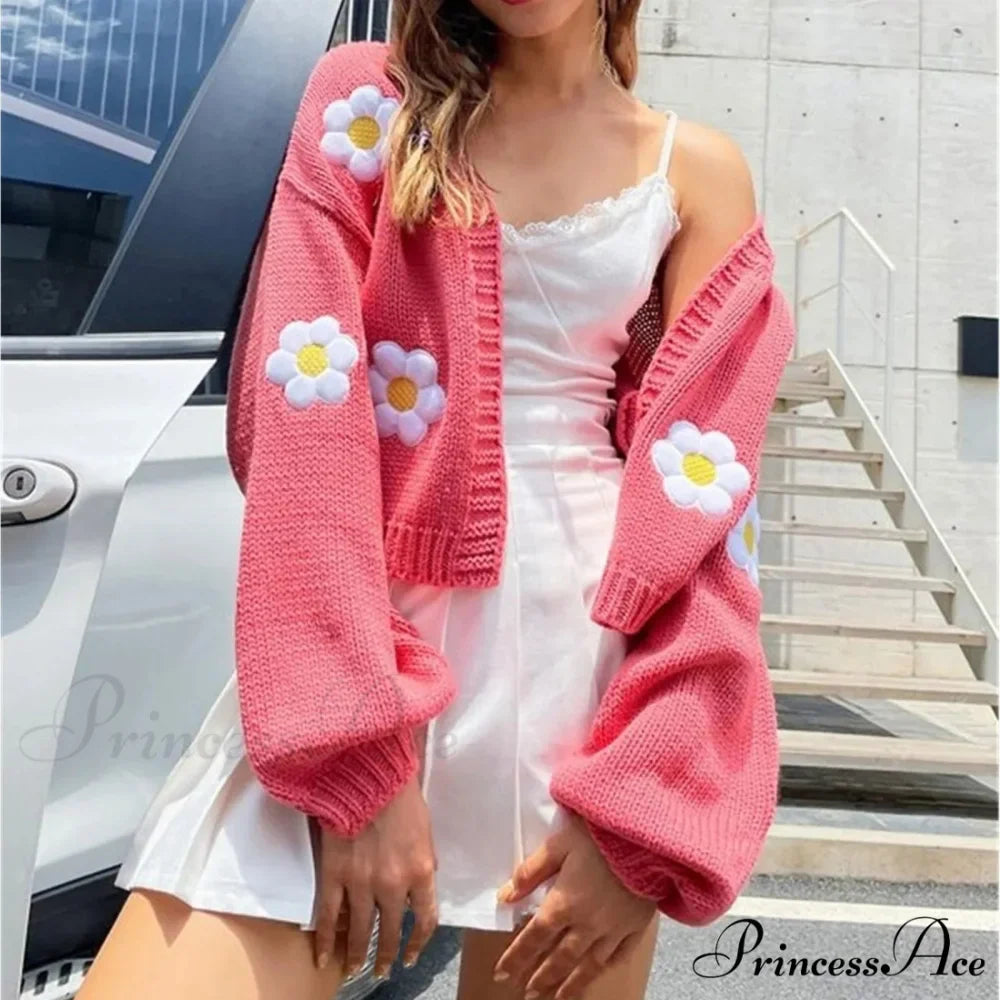 Large Blossom Stitched Cozy Extended Sleeve Unfastened Sweater Coat