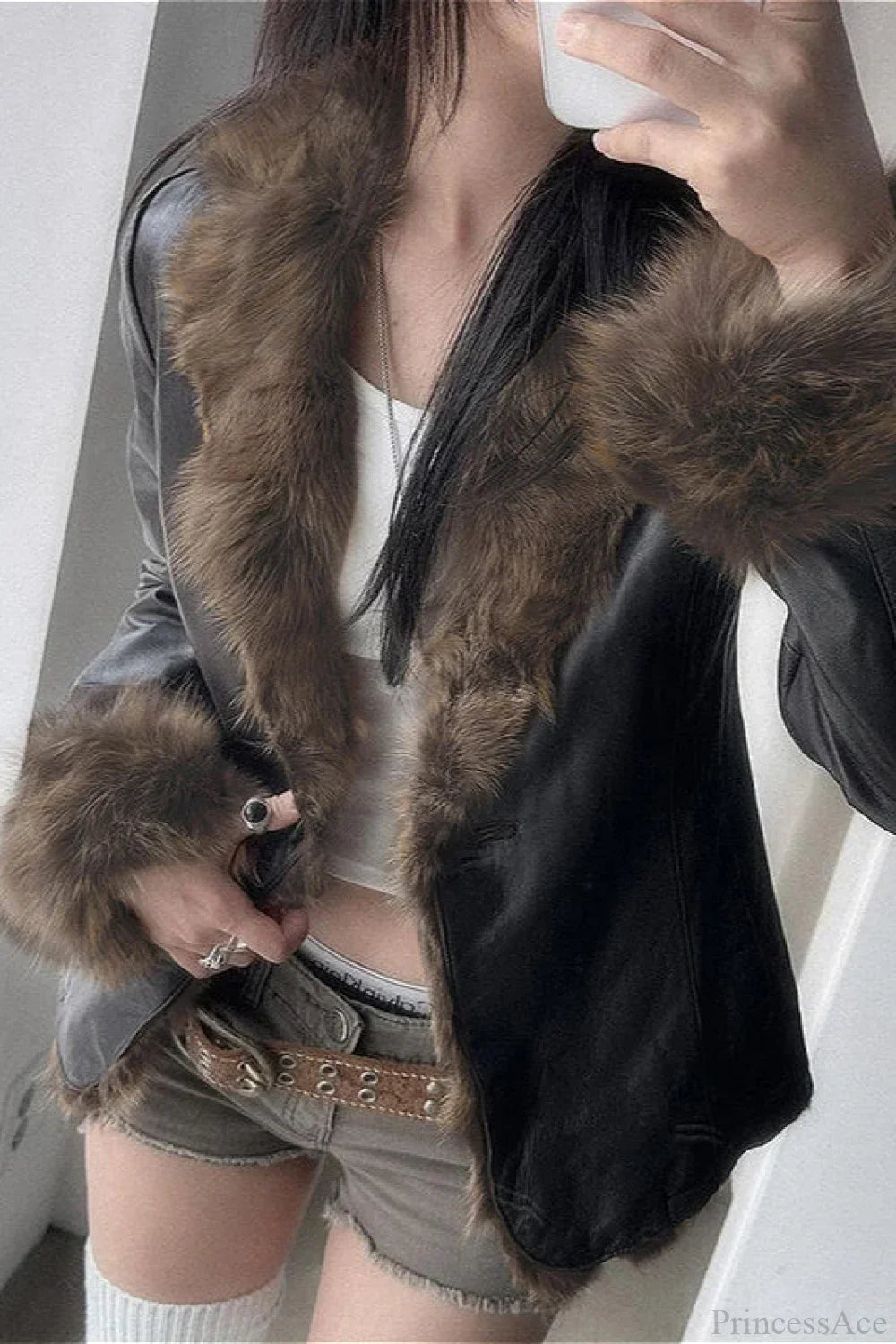 Woman wearing Leather-Look Coat with Fur Panels from Hicosy — view 2