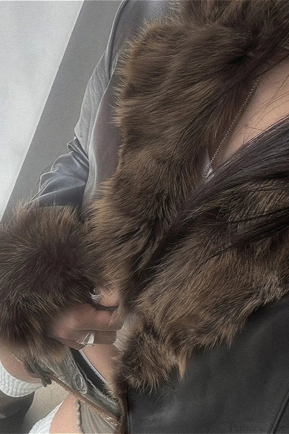 Woman wearing Leather-Look Coat with Fur Panels from Hicosy — view 3